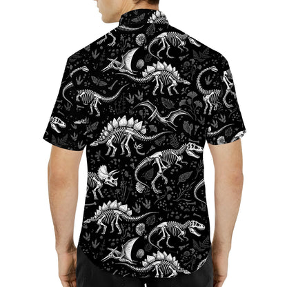 Third lifestyle shot of the dinosaur skeletons hawaiian shirt in action.