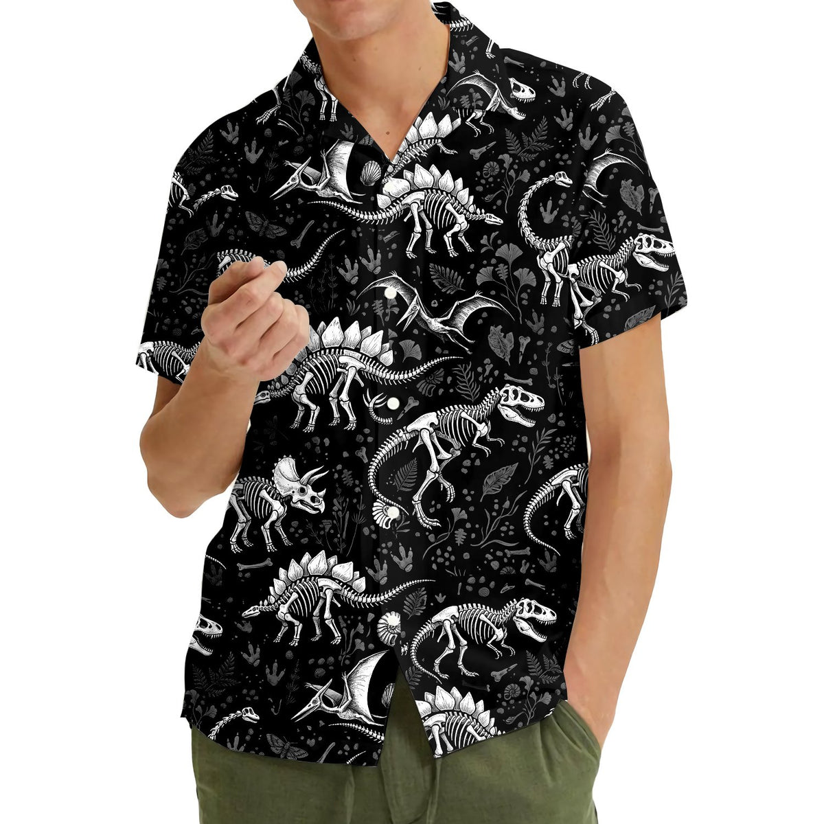 Lifestyle shot of people wearing matching dinosaur hawaiian shirts.