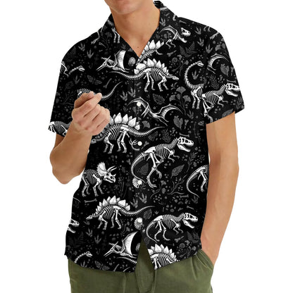 Lifestyle shot of people wearing matching dinosaur hawaiian shirts.