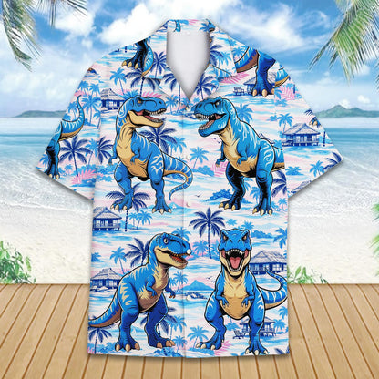 Dinosaur tropical hawaiian shirt close-up, front view