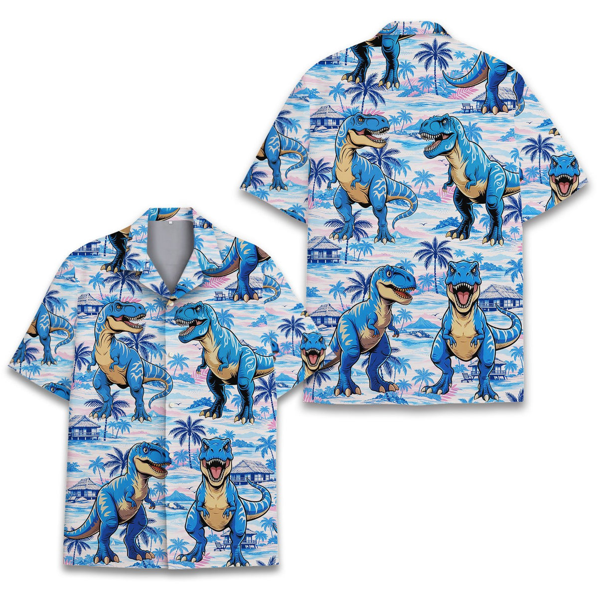 Dinosaur tropical hawaiian shirt button detail, front view