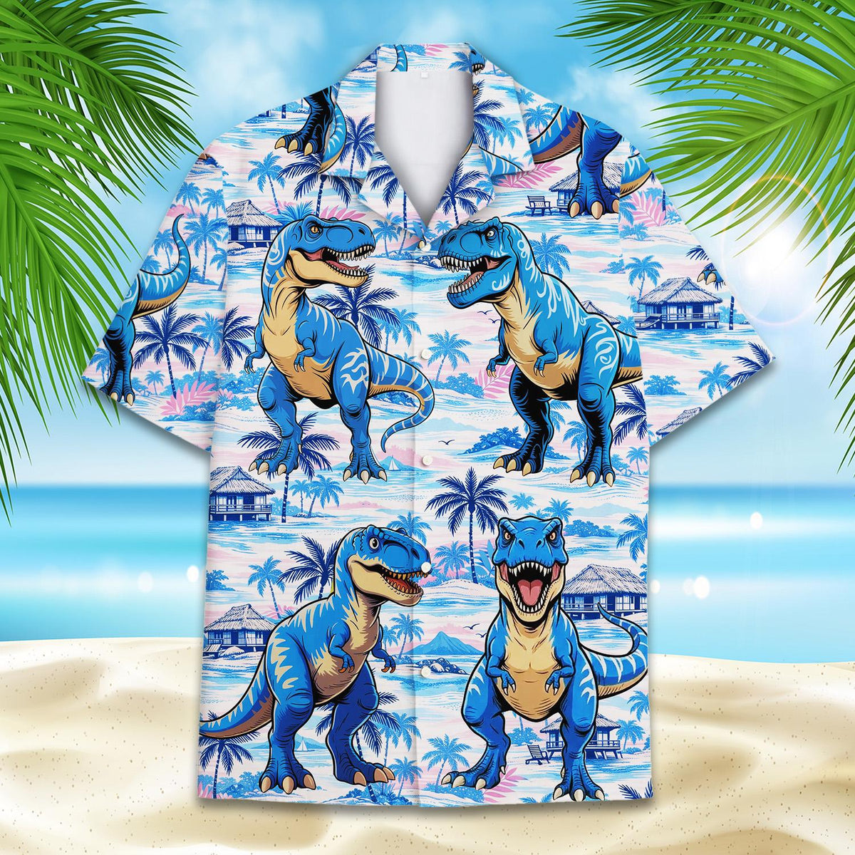 Dinosaur tropical hawaiian shirt with blue T-Rex, front view