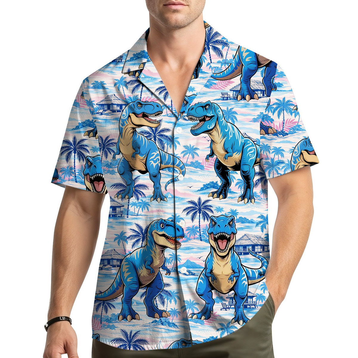 Lifestyle view of a family wearing matching dinosaur tropical hawaiian shirts