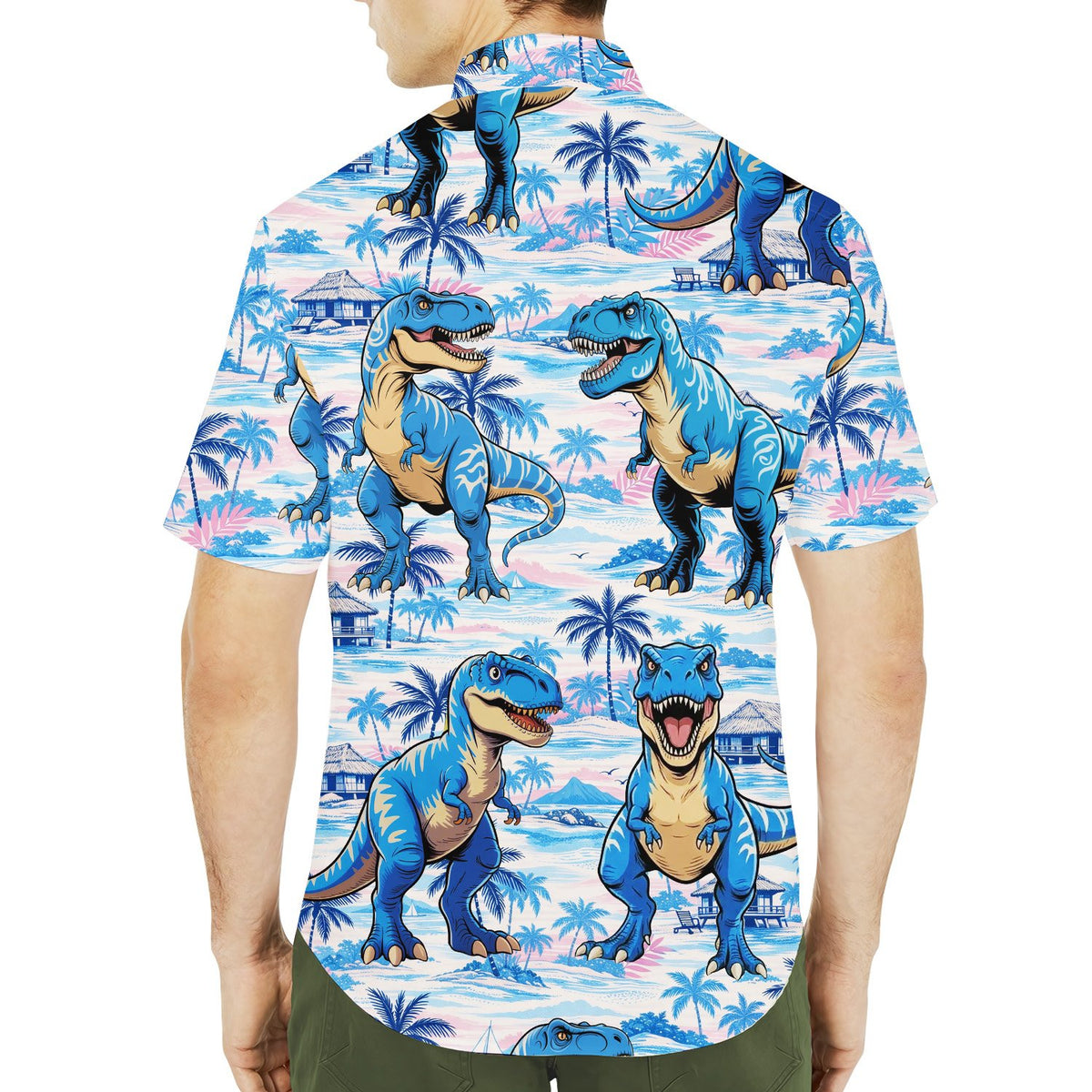 Lifestyle view of someone wearing the dinosaur tropical hawaiian shirt