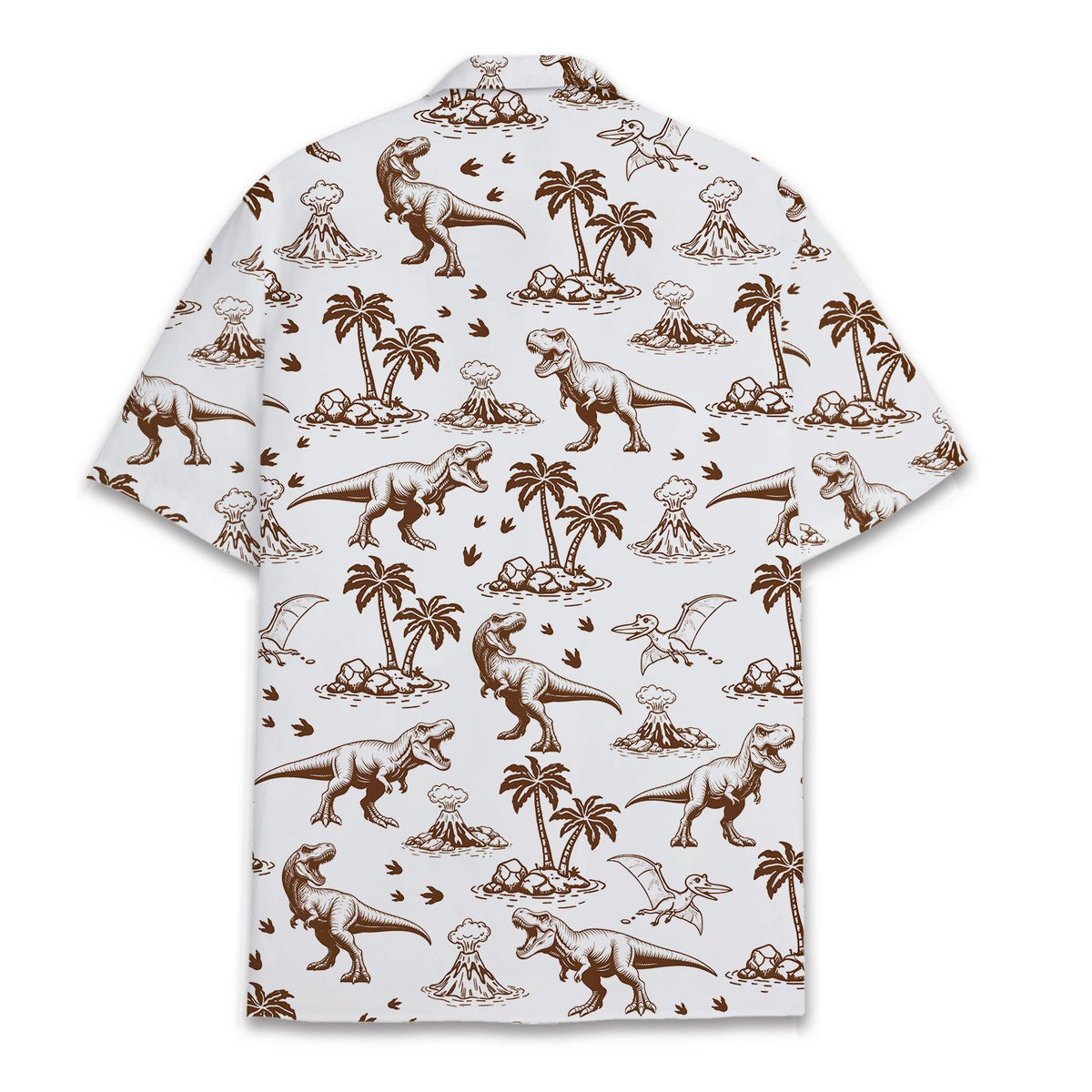 Hawaiian dinosaur shirt back view showing seamless prehistoric pattern