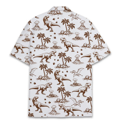 Hawaiian dinosaur shirt back view showing seamless prehistoric pattern