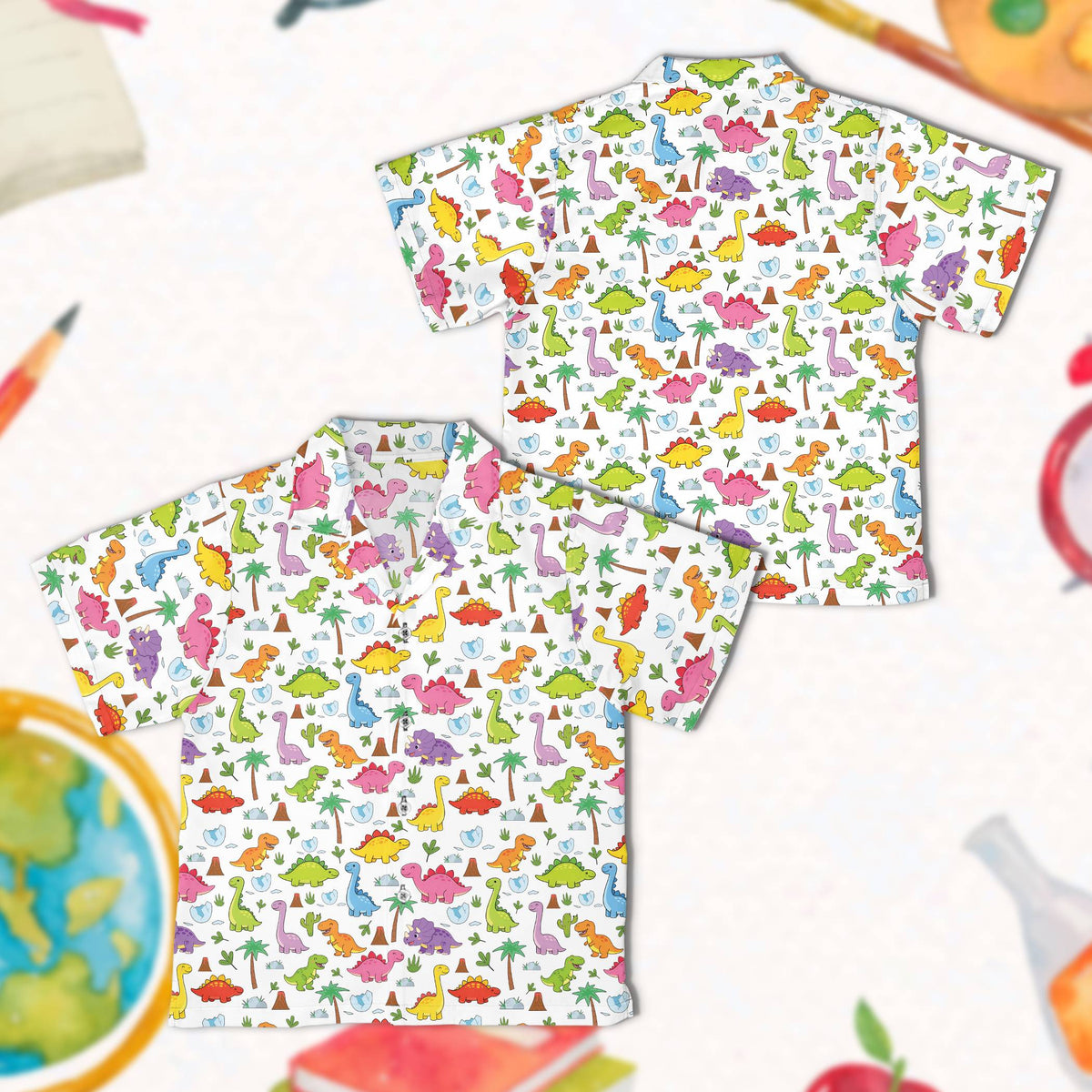 White matching family hawaiian shirt dinosaur print, front view