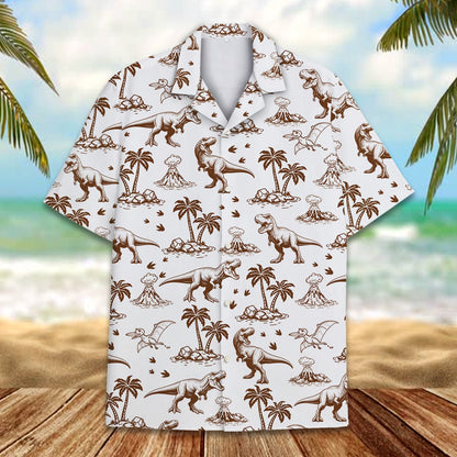 Sketched dinosaur print hawaiian shirt in white, front view 2