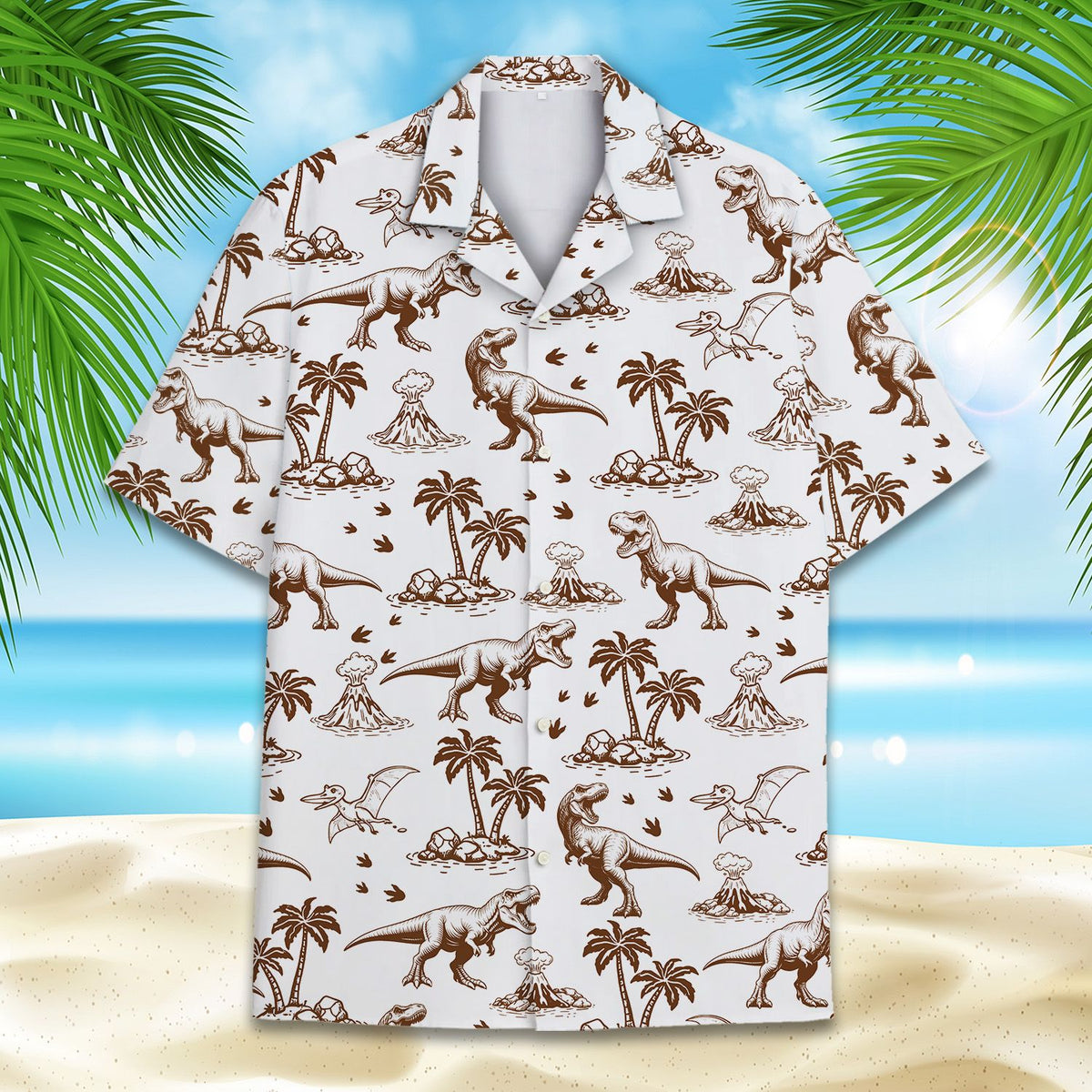 White and brown dinosaur hawaiian shirt, front view 4