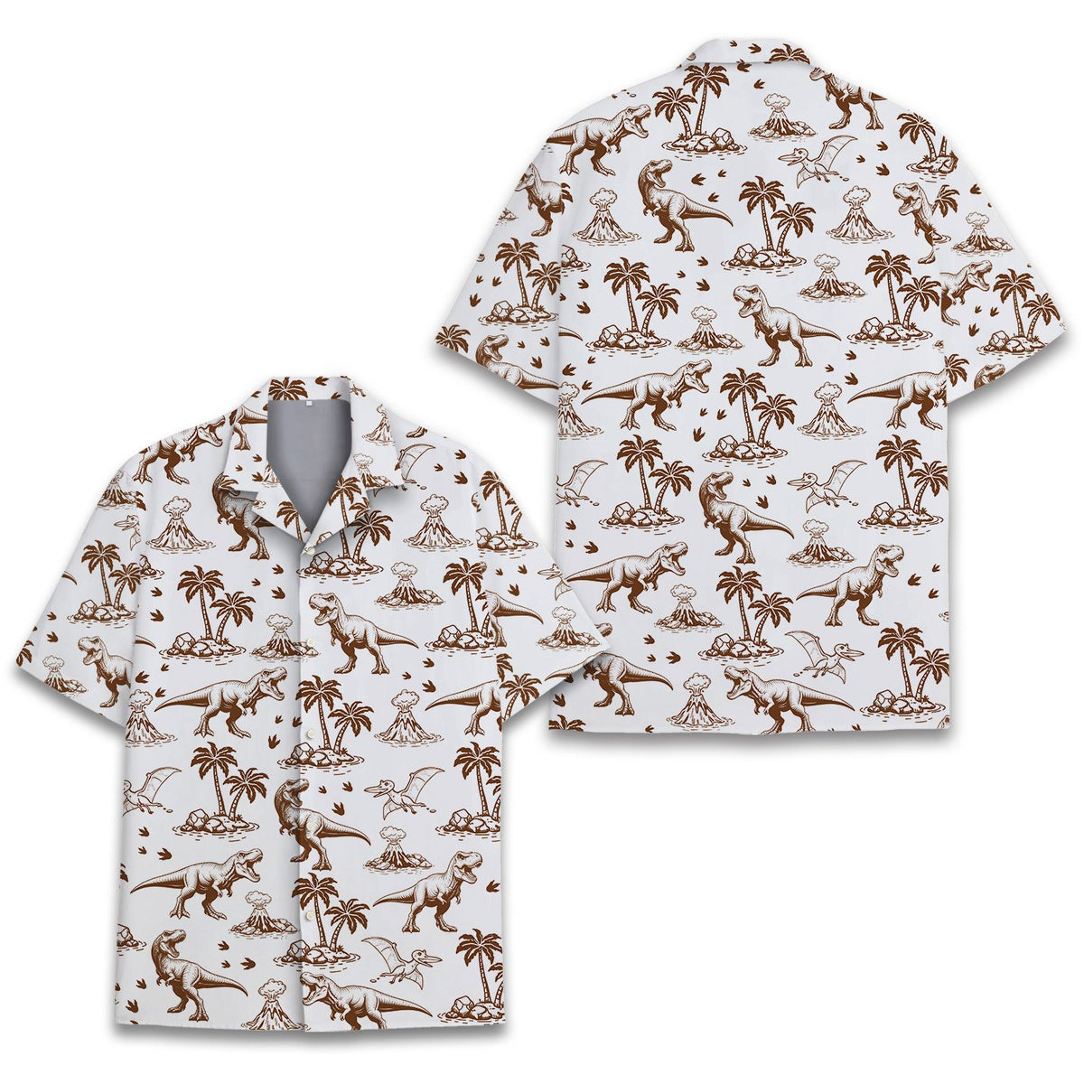 Hawaiian dinosaur shirt featuring brown sketched T-Rex and volcanoes on white, main view