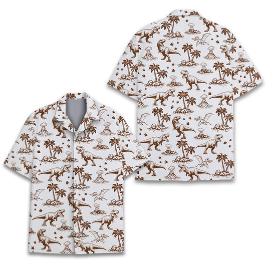 Hawaiian dinosaur shirt featuring brown sketched T-Rex and volcanoes on white, main view