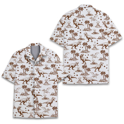 Matching family hawaiian shirts with dinosaur print, front view