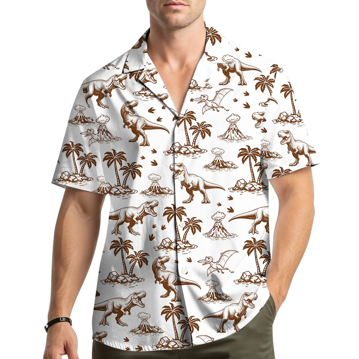 Family wearing matching hawaiian dinosaur shirts in lifestyle setting