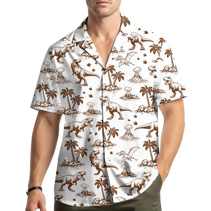 Family wearing matching hawaiian dinosaur shirts in lifestyle setting