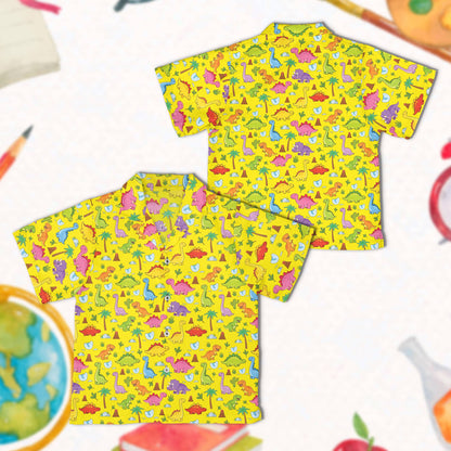 Yellow dinosaur hawaiian shirt for family matching, front view
