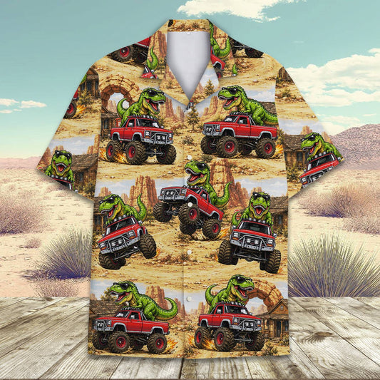 Dinosaurs and trucks hawaiian shirt featuring a T-Rex and red monster truck on a beige desert background