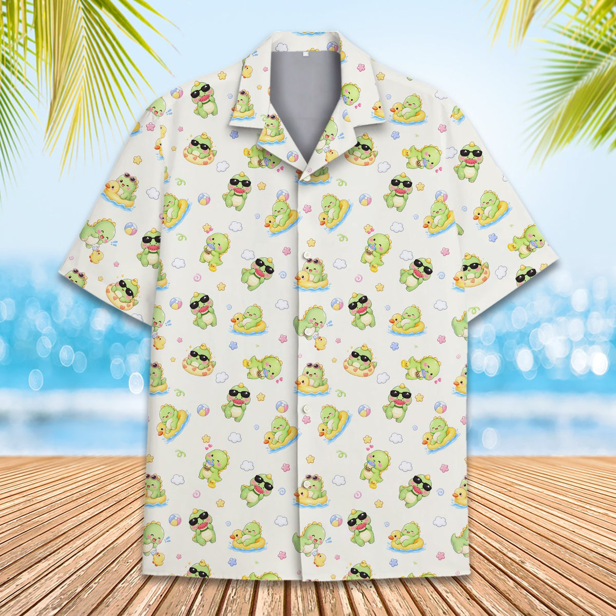 Beige dinosaurs Hawaiian shirt, back alternate view