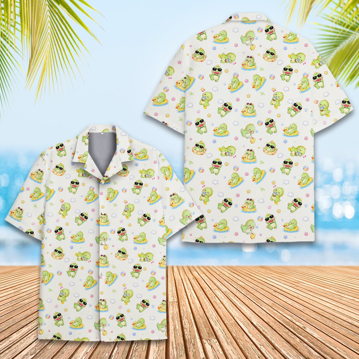 Beige dinosaurs Hawaiian shirt, front alternate view