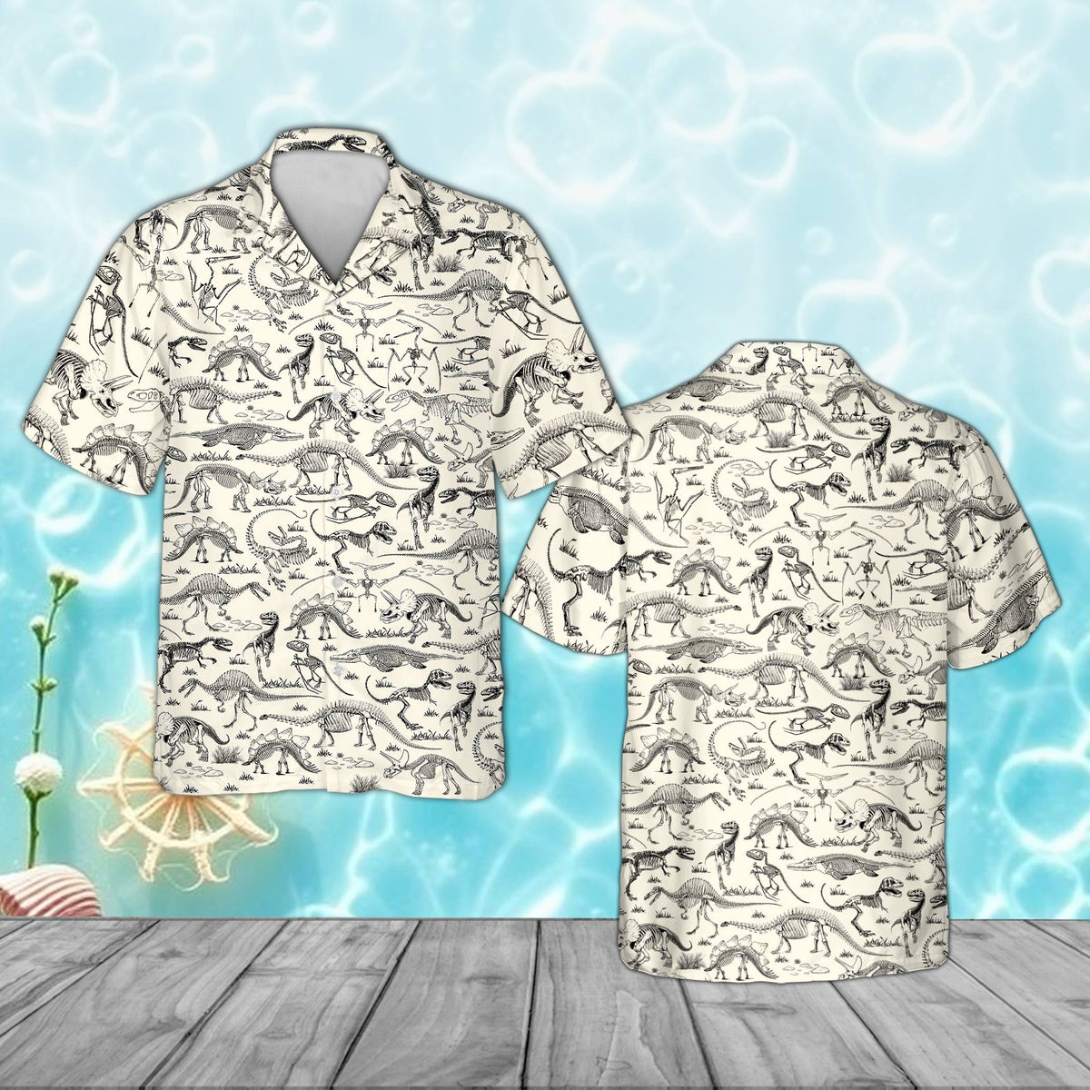 Dinosaurs hawaiian shirt with beige and black skeleton fossil print, main view