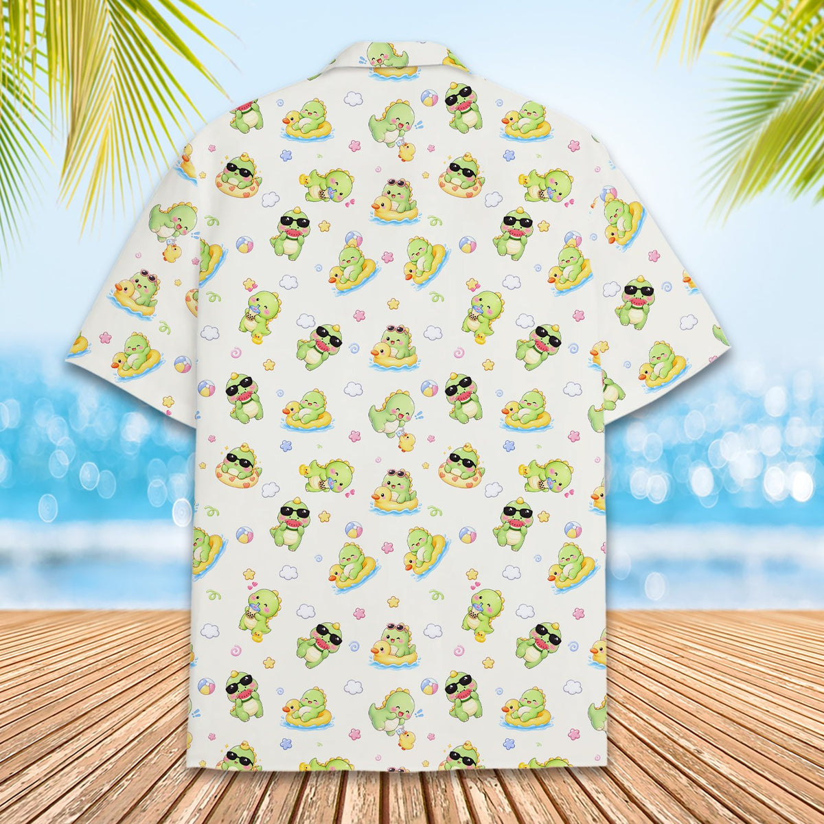 Beige dinosaurs Hawaiian shirt, front close up view