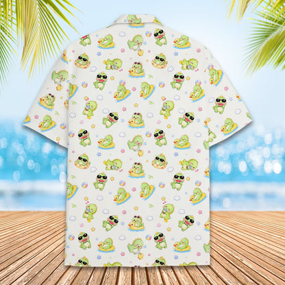 Beige dinosaurs Hawaiian shirt, front close up view