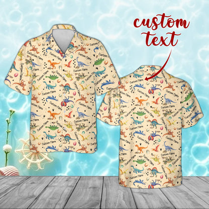 Kids dinosaurs hawaiian shirt with custom name on a beige background, front view