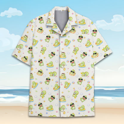 Beige dinosaurs Hawaiian shirt, front angled view