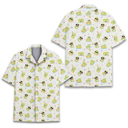 Beige dinosaurs Hawaiian shirt, front detail view