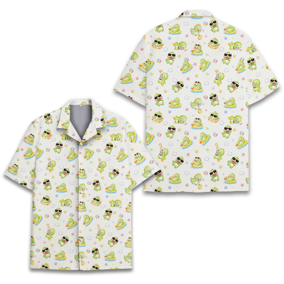 Beige dinosaurs Hawaiian shirt, front view