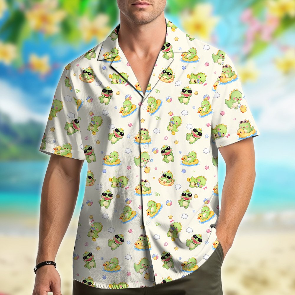Beige dinosaurs Hawaiian shirt, lifestyle alternate view