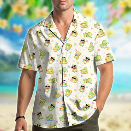 Beige dinosaurs Hawaiian shirt, lifestyle alternate view