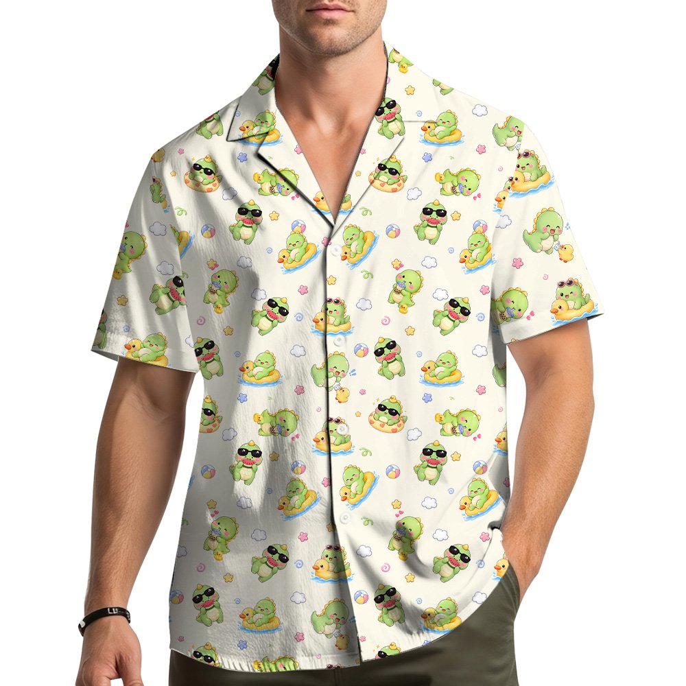 Beige dinosaurs Hawaiian shirt, lifestyle view