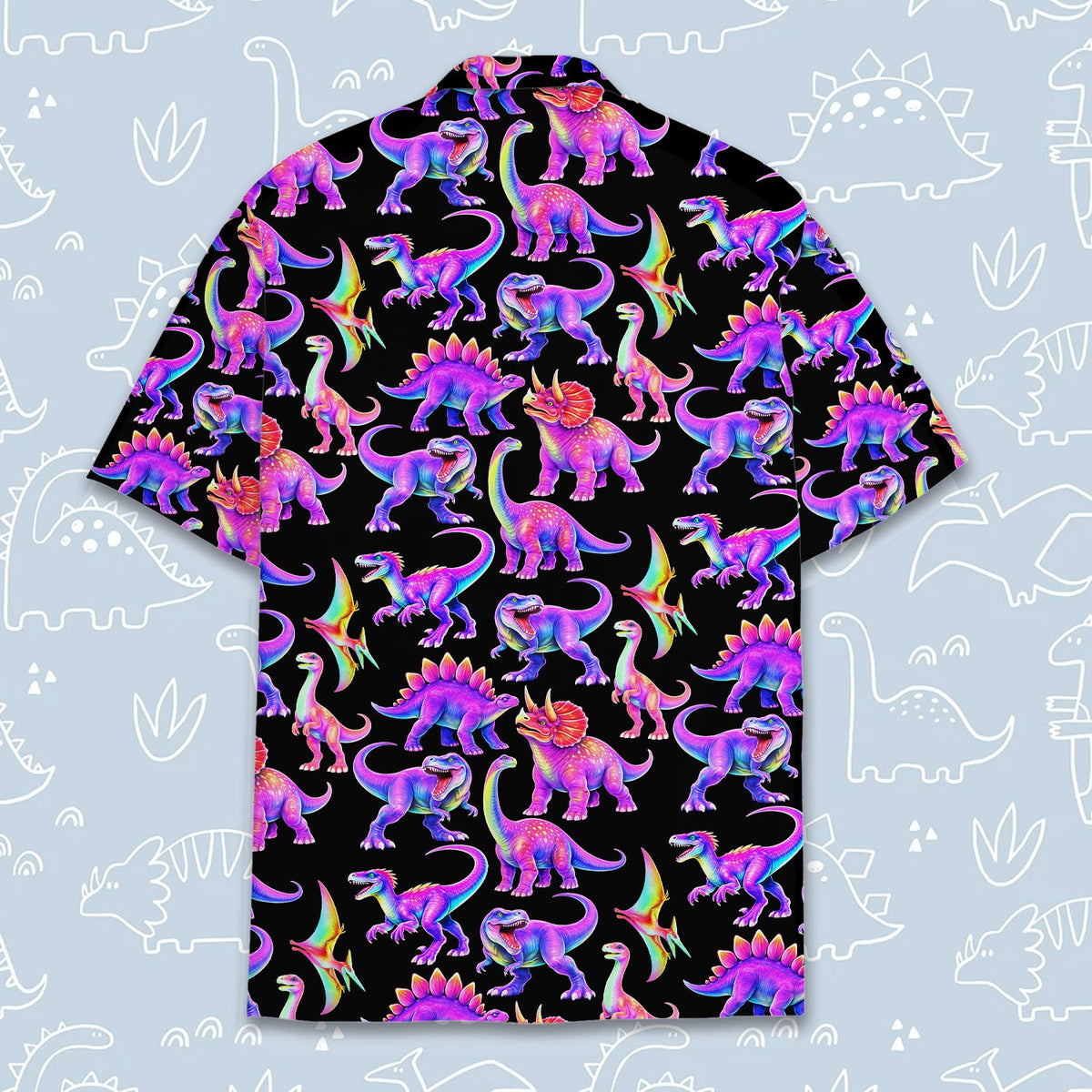 Second back view of the black dinosaur hawaiian shirt