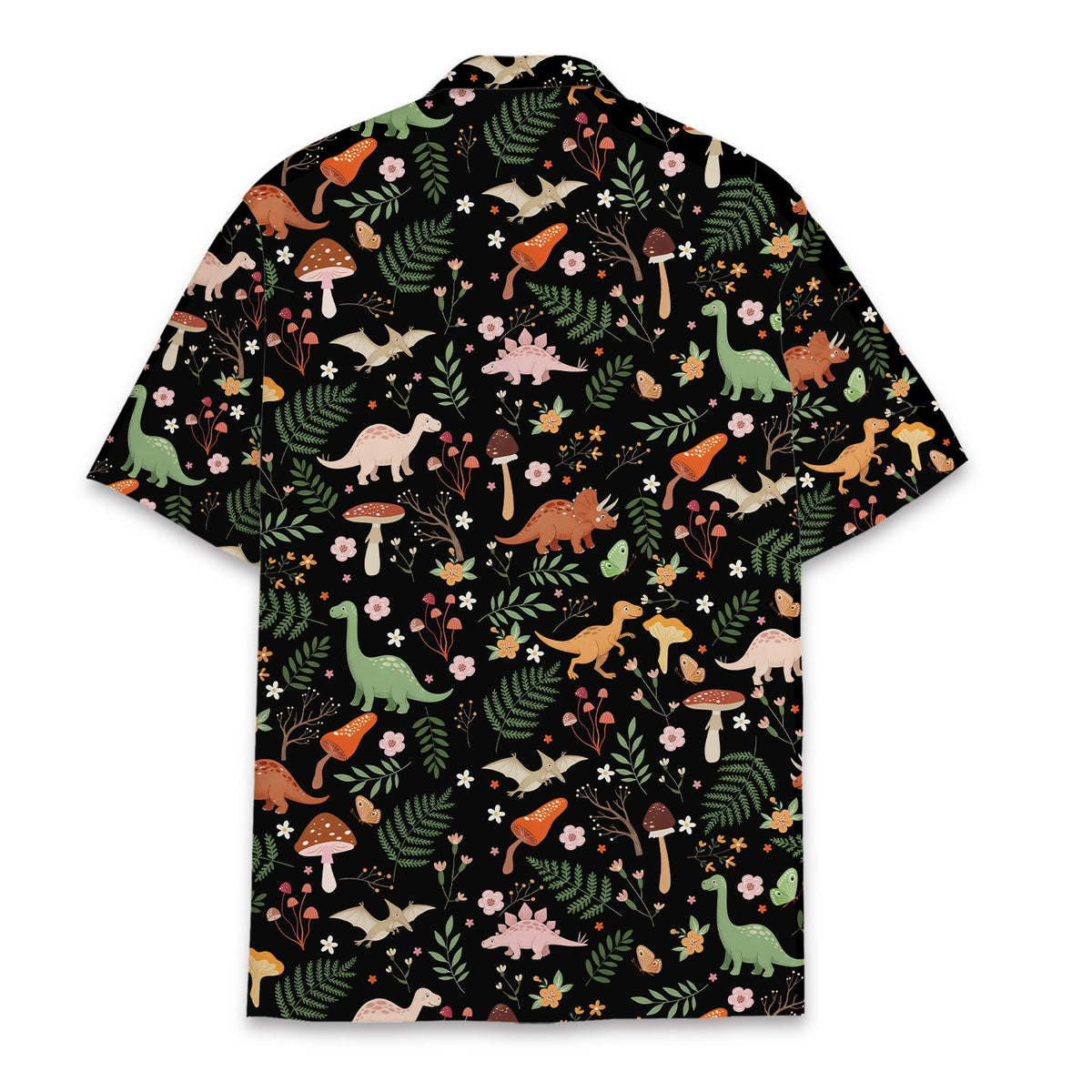Black dinosaurs hawaiian shirt with repeating pattern, back view