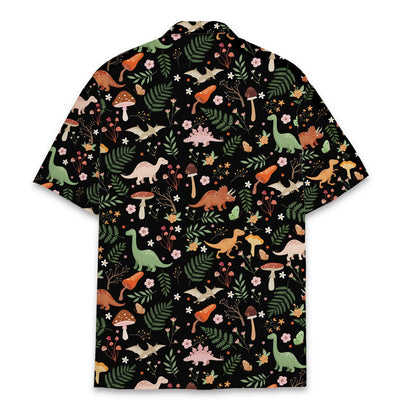 Black dinosaurs hawaiian shirt with repeating pattern, back view