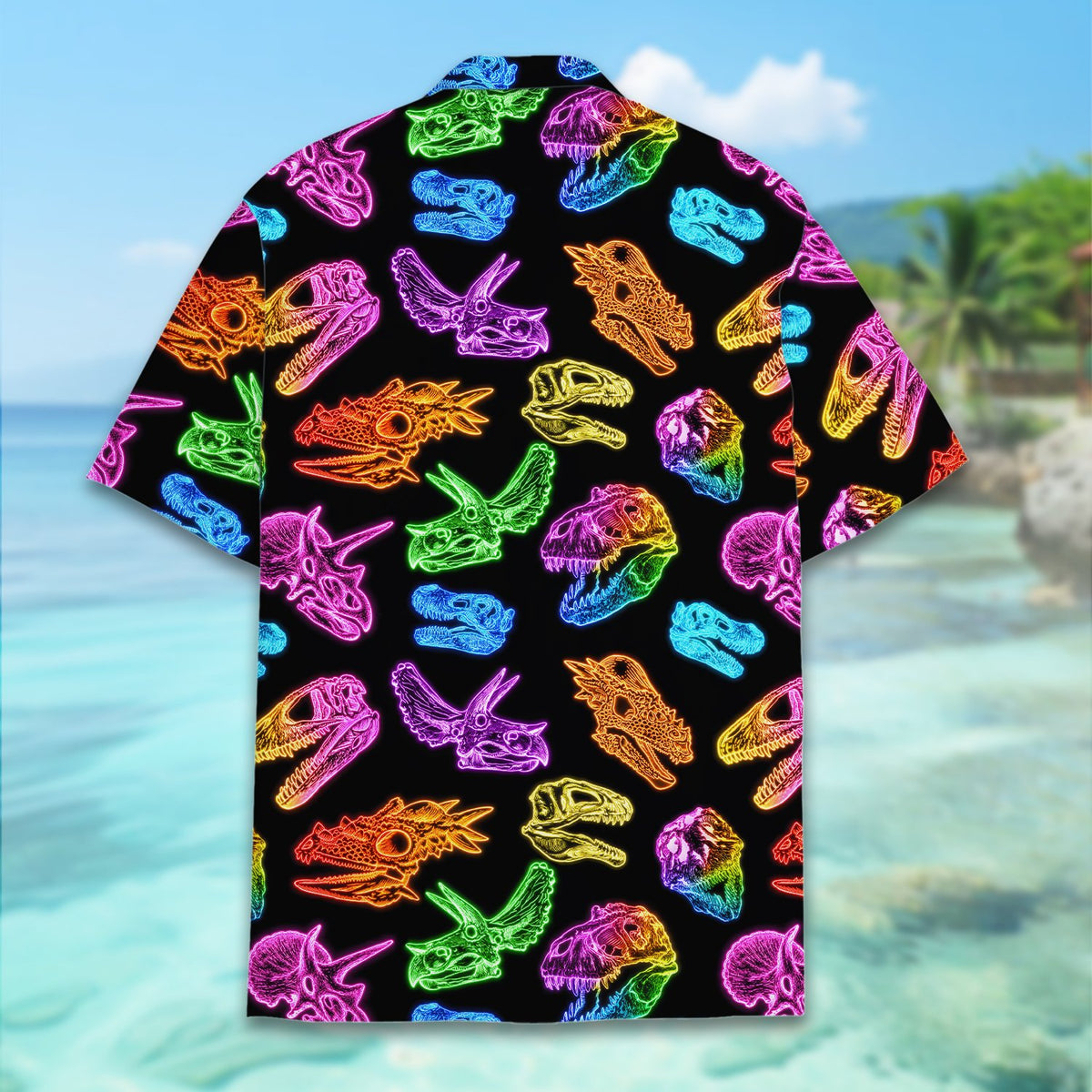 Back view of the black dinosaurs hawaiian shirt with repeating neon skull pattern