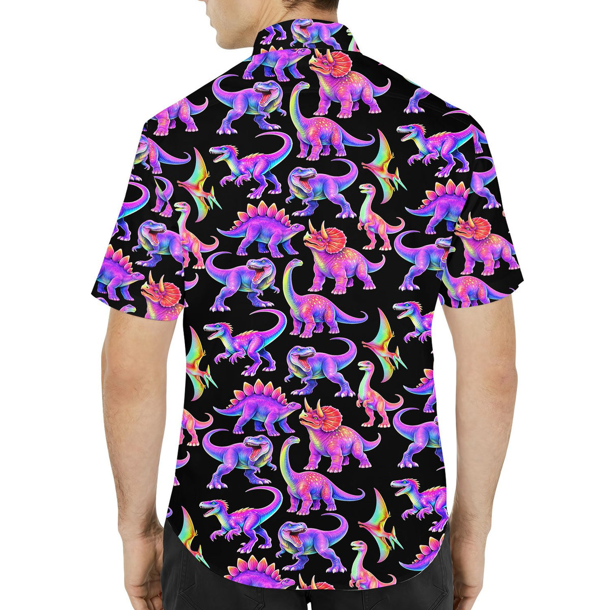 Back view of the dinosaurs hawaiian shirt showing colorful pattern