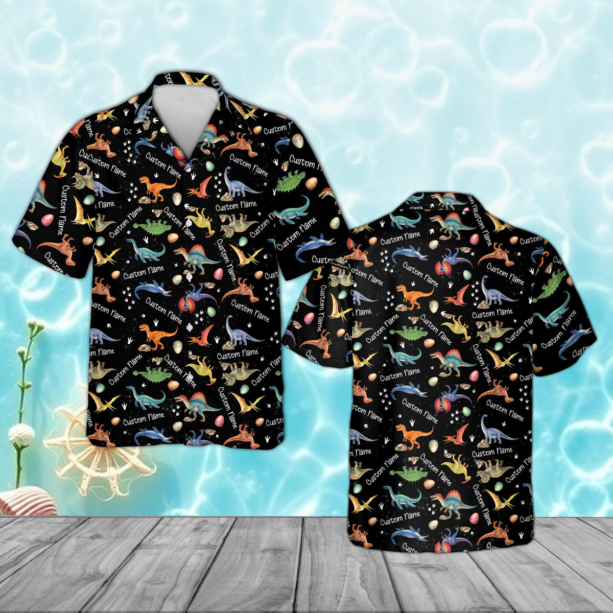 Kids dinosaurs hawaiian shirt with custom name on a black background, front view