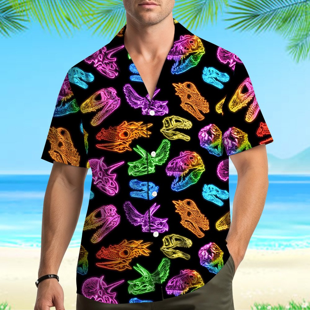 Alternate front view of the black and neon dinosaur print button-down shirt