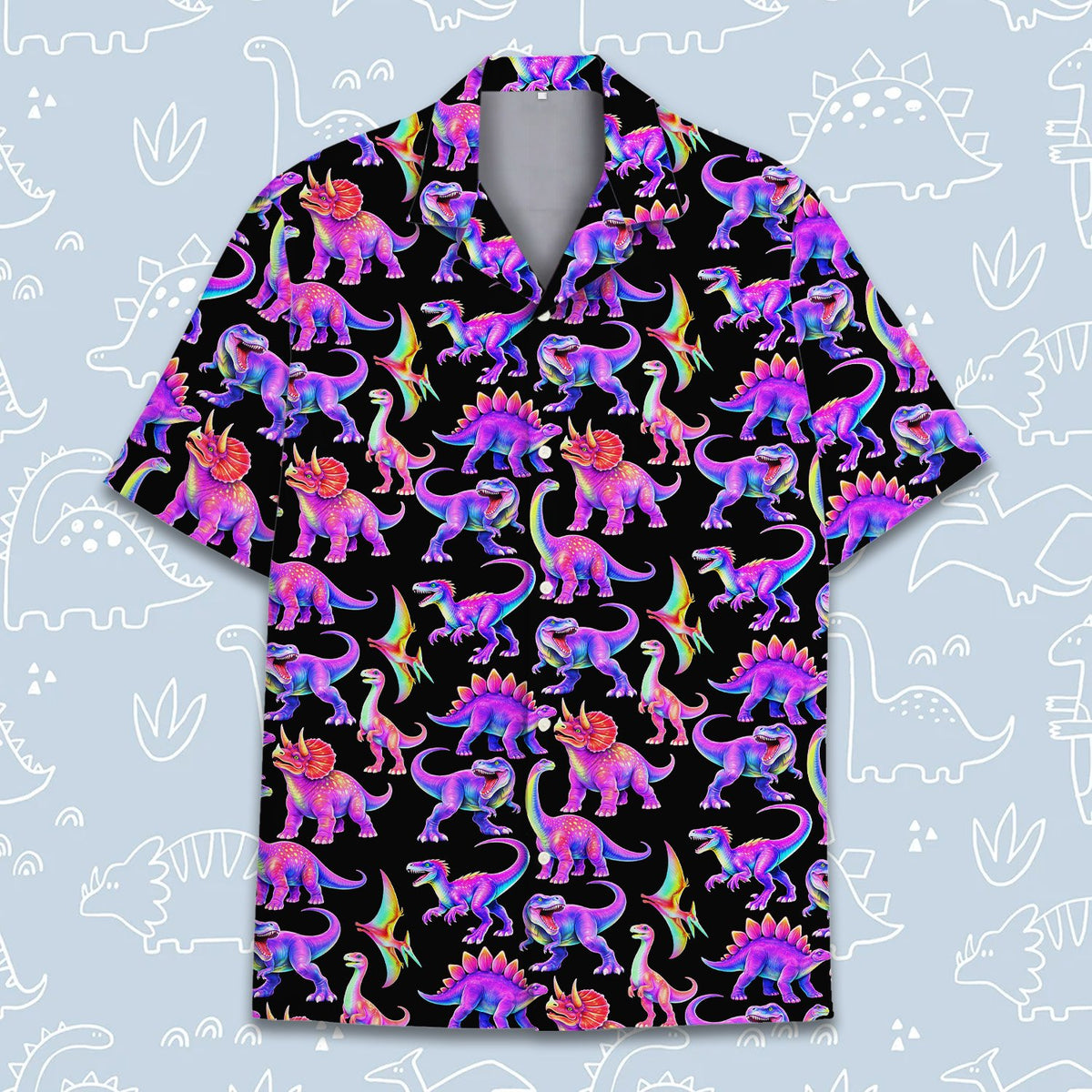 Another front view of the neon dinosaurs hawaiian shirt