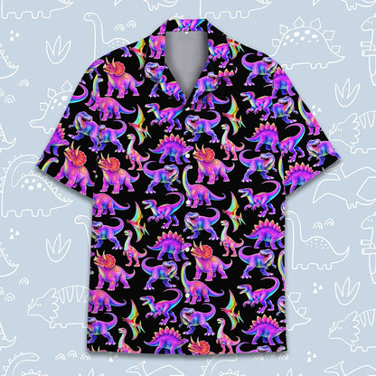 Another front view of the neon dinosaurs hawaiian shirt