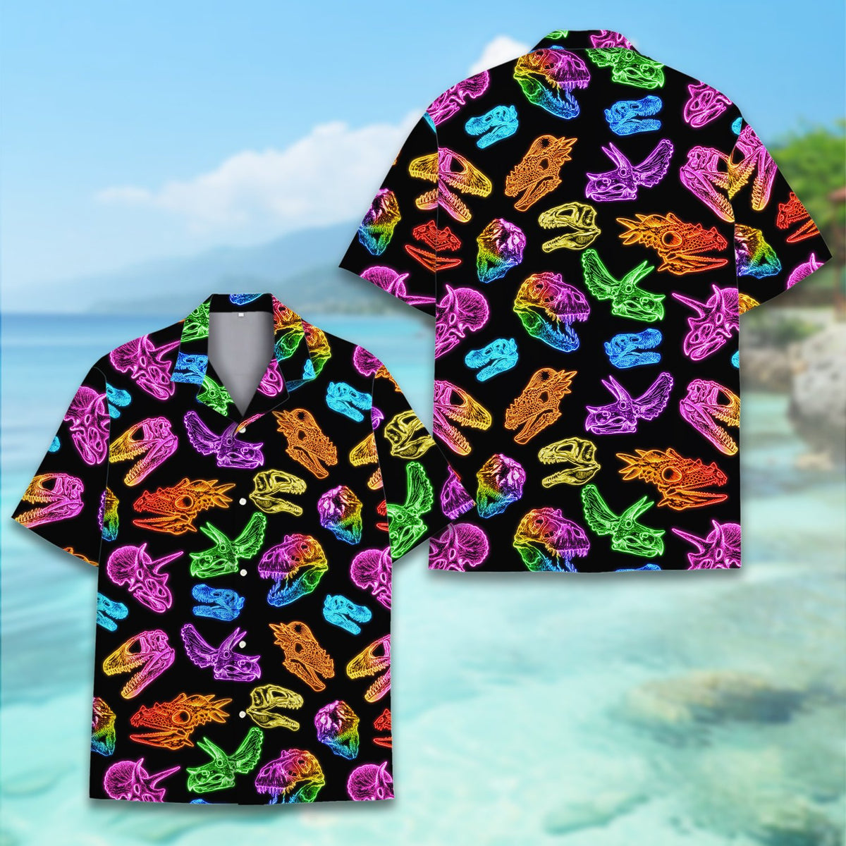 Additional front view showing the vibrant all-over dinosaur pattern