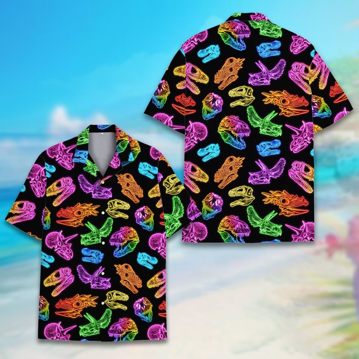 Detailed front view of the black polyester hawaiian shirt collar and buttons