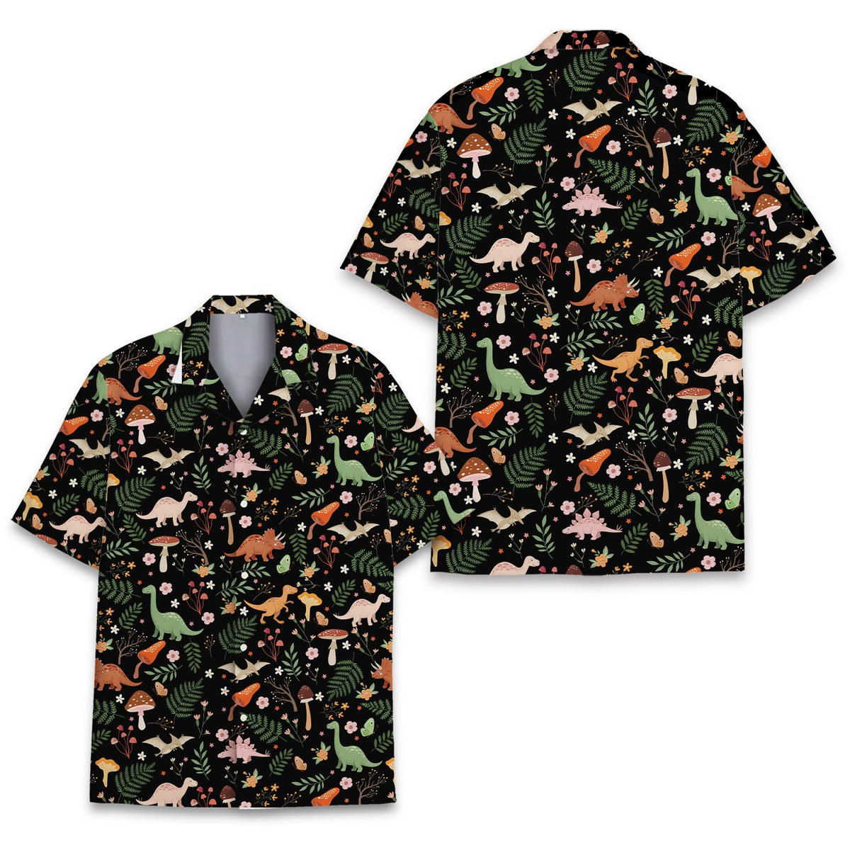 Black dinosaurs hawaiian shirt with repeating pattern, front view