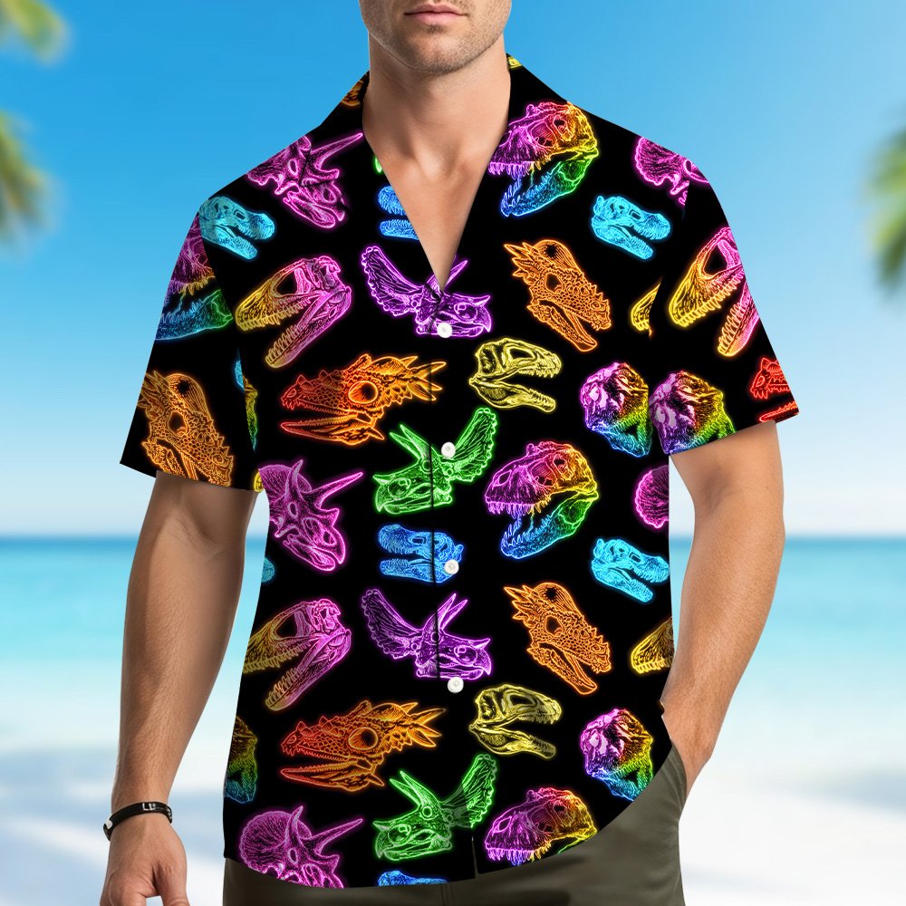 Main view of the black dinosaurs hawaiian shirt featuring neon skull illustrations