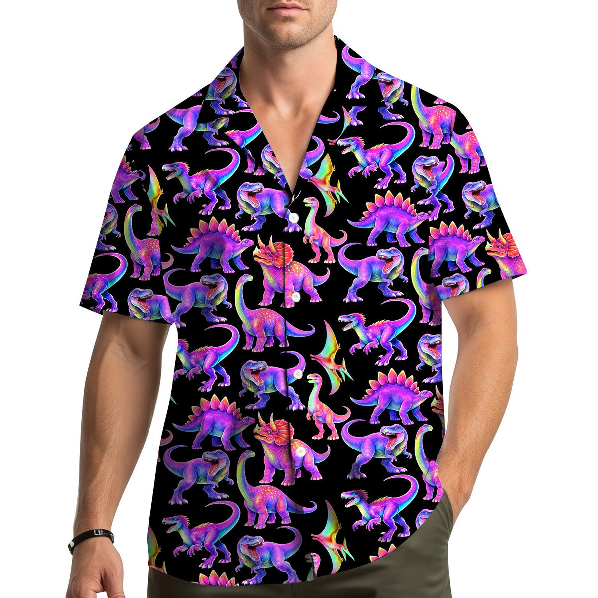 Front view of matching family hawaiian shirts with dinosaur print