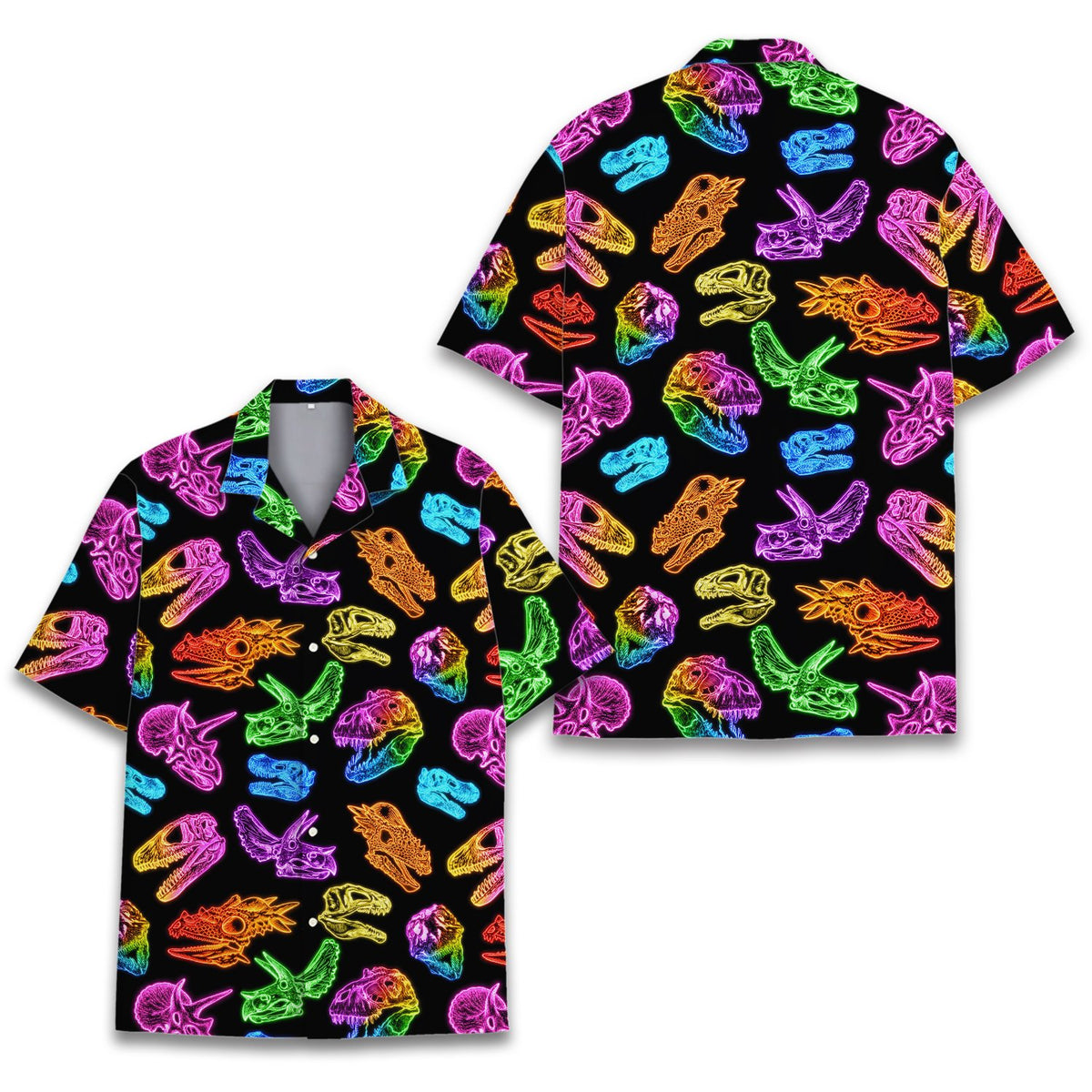 Second lifestyle image showing the neon dinosaur skull shirt worn outdoors