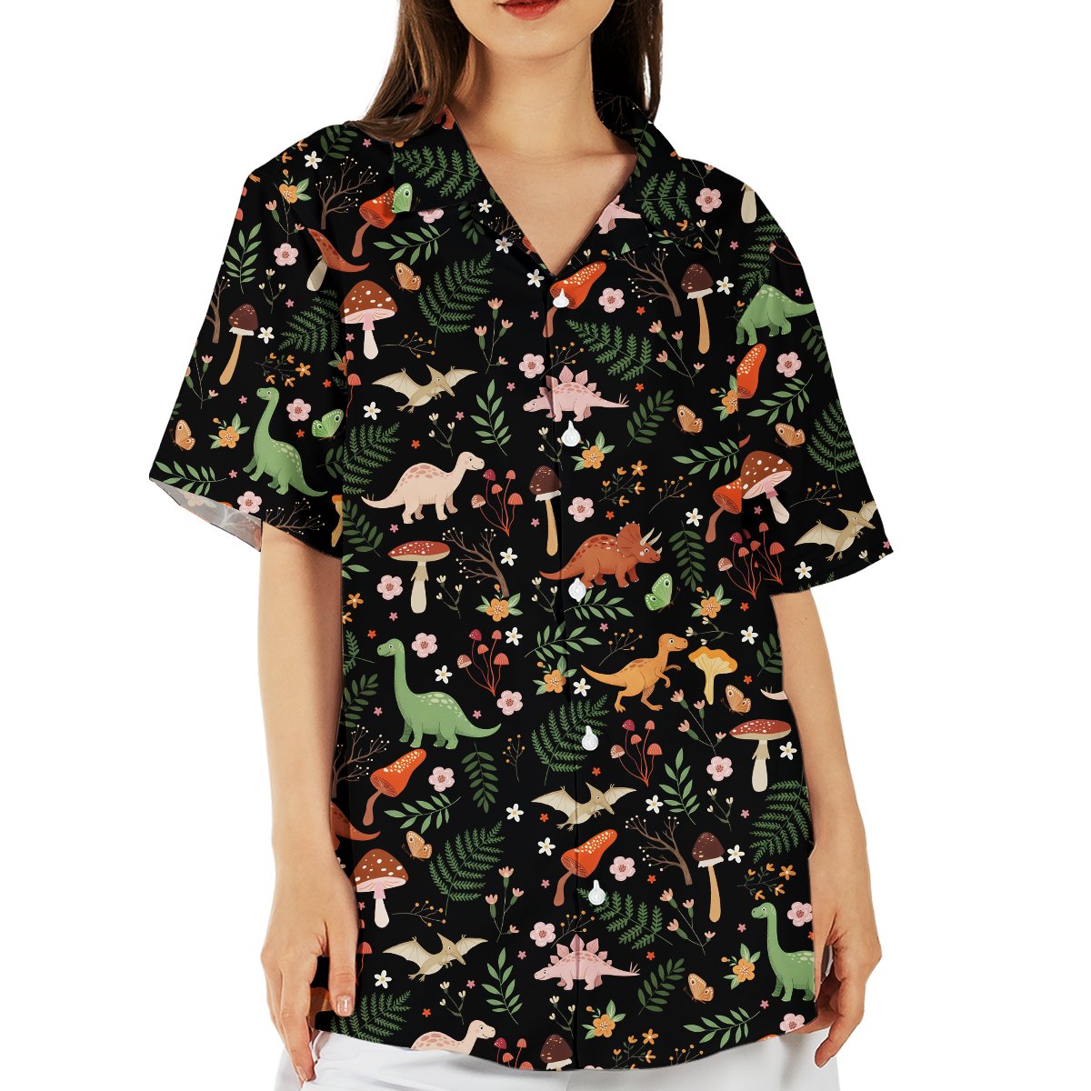 Third lifestyle view of the family hawaiian shirts with dinosaurs