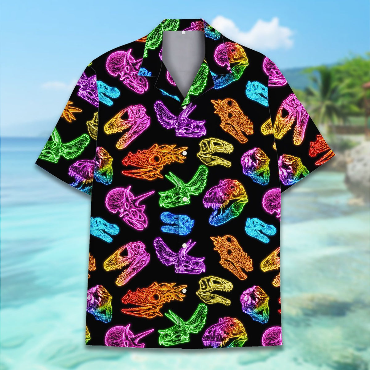 Third lifestyle image highlighting the vibrant colors of the dinosaur hawaiian shirt