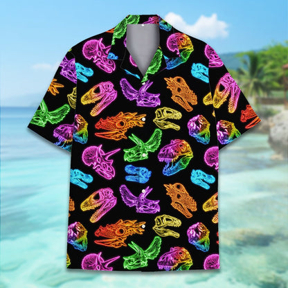 Third lifestyle image highlighting the vibrant colors of the dinosaur hawaiian shirt